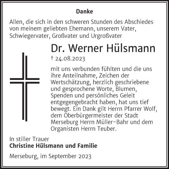 Traueranzeige von Werner Hülsmann von Trauerkombi Merseburg