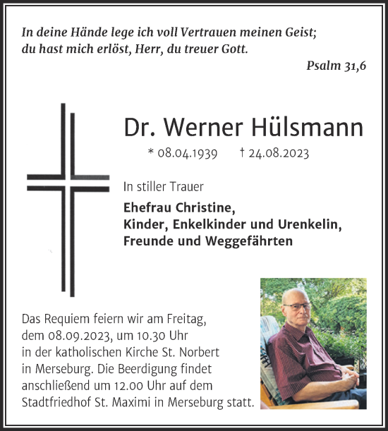 Traueranzeige von Werner Hülsmann von Trauerkombi Merseburg