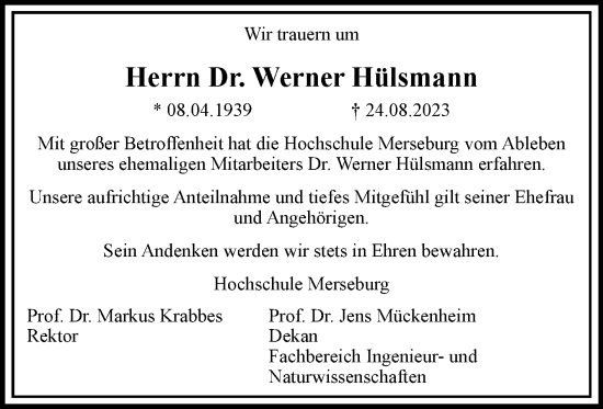 Traueranzeige von Werner Hülsmann von Mitteldeutsche Zeitung Merseburg/Querfurt