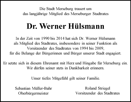 Traueranzeige von Werner Hülsmann von Wochenspiegel Merseburg/Querfurt