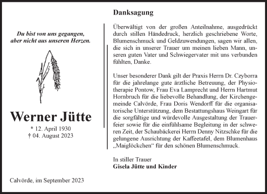 Traueranzeige von Werner Jütte von Volksstimme Altmark West