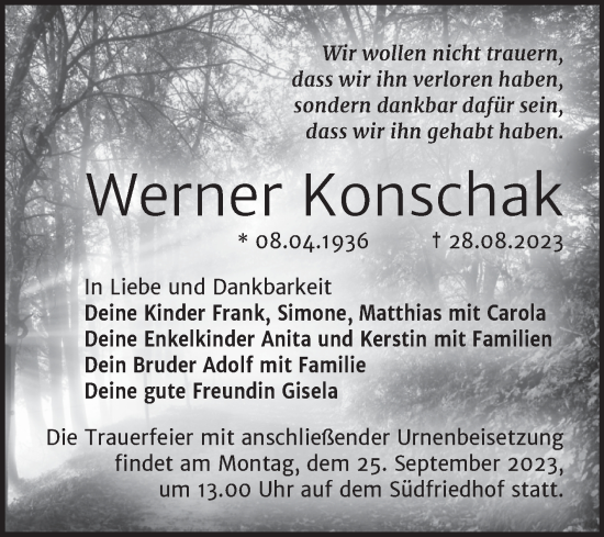 Traueranzeige von Werner Konschak von Mitteldeutsche Zeitung Halle/Saalkreis