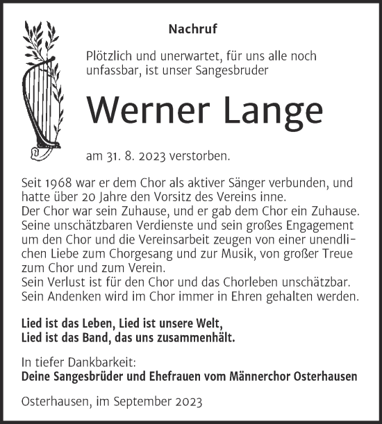 Traueranzeige von Werner Lange von Trauerkombi Mansfelder Land