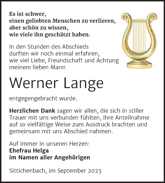 Traueranzeige von Werner Lange von Trauerkombi Mansfelder Land