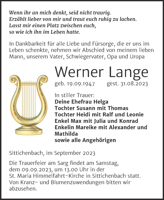 Traueranzeige von Werner Lange von Mitteldeutsche Zeitung Mansfelder Land