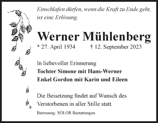 Traueranzeige von Werner Mühlenberg von Volksstimme Magdeburg