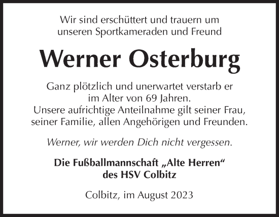 Traueranzeige von Werner Osterburg von Volksstimme Haldensleben/Wolmirstedt
