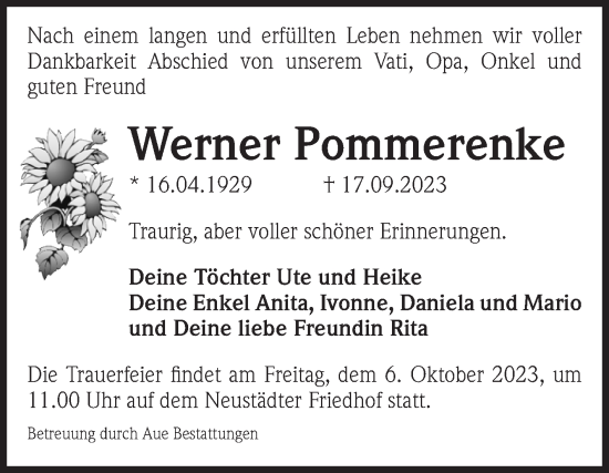 Traueranzeige von Werner Pommerenke von Volksstimme Magdeburg