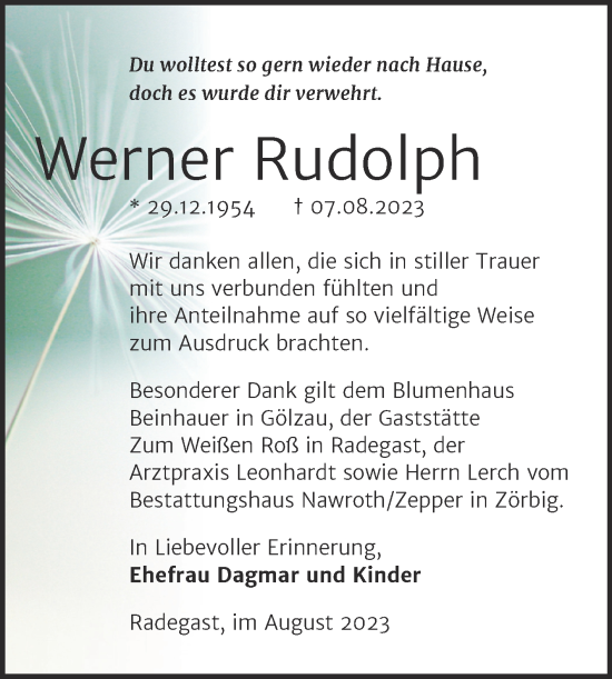 Traueranzeige von Werner Rudolph von Trauerkombi Köthen