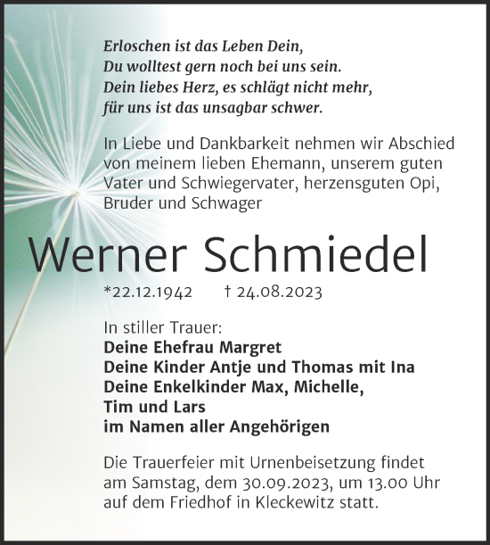 Traueranzeige von Werner Schmiedel von Trauerkombi Bitterfeld