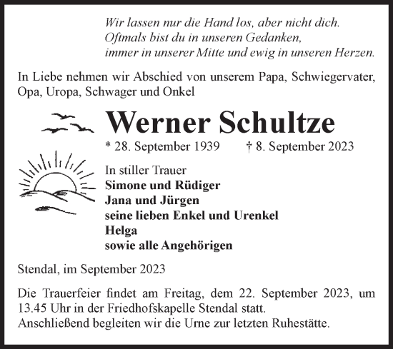 Traueranzeige von Werner Schultze von Volksstimme Altmark Ost