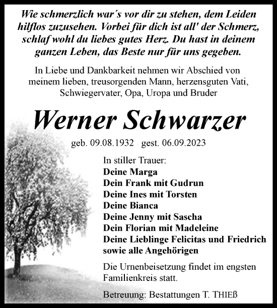 Traueranzeige von Werner Schwarzer von Volksstimme Wernigerode