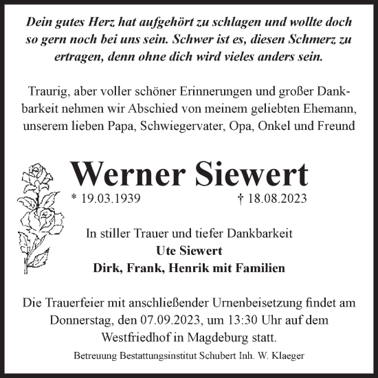 Traueranzeige von Werner Siewert von Volksstimme Magdeburg