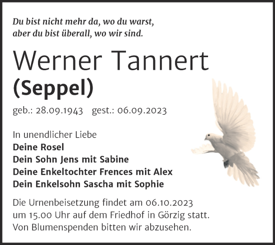Traueranzeige von Werner Tannert von Trauerkombi Köthen