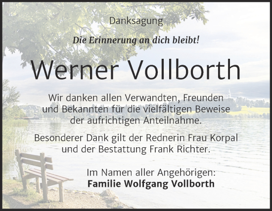 Traueranzeige von Werner Vollborth von Trauerkombi Sangerhausen