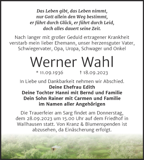 Traueranzeige von Werner Wahl von Trauerkombi Sangerhausen