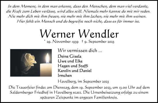 Traueranzeige von Werner Wendler von Volksstimme Altmark Ost