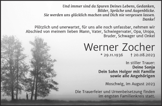 Traueranzeige von Werner Zocher von Trauerkombi Wittenberg
