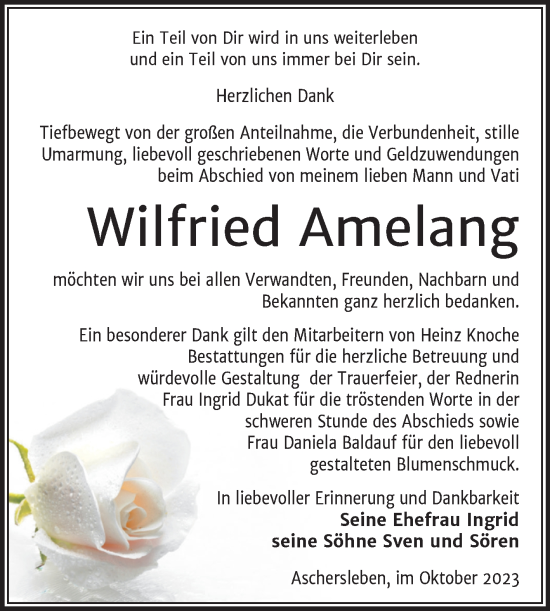 Traueranzeige von Wilfried Amelang von Trauerkombi Aschersleben