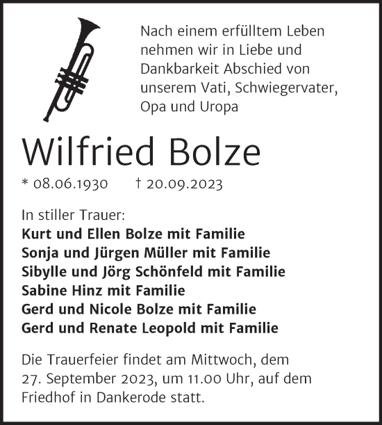 Traueranzeige von Wilfried Bolze von Mitteldeutsche Zeitung Quedlingburg
