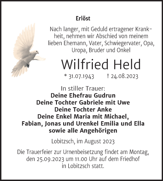 Traueranzeige von Wilfried Held von Trauerkombi Weißenfels