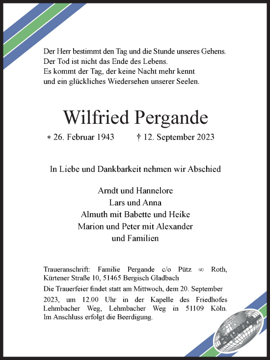 Traueranzeige von Wilfried Pergande von Mitteldeutsche Zeitung Köthen