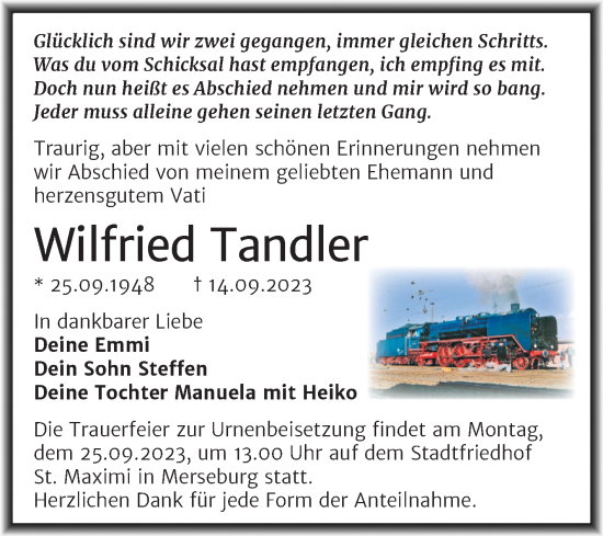 Traueranzeige von Wilfried Tandler von Trauerkombi Merseburg