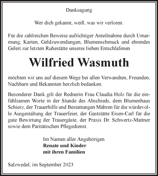 Traueranzeige von Wilfried Wasmuth von Volksstimme Altmark West