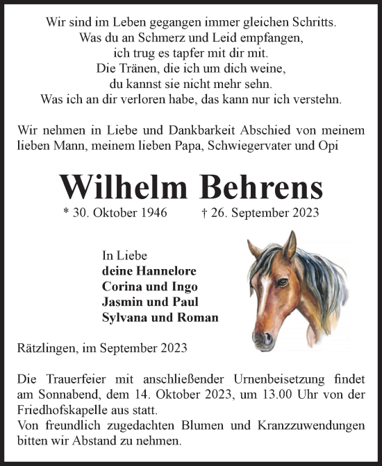Traueranzeige von Wilhelm Behrens von Volksstimme Haldensleben/Wolmirstedt