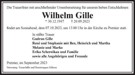 Traueranzeige von Wilhelm Gille von Volksstimme Altmark West