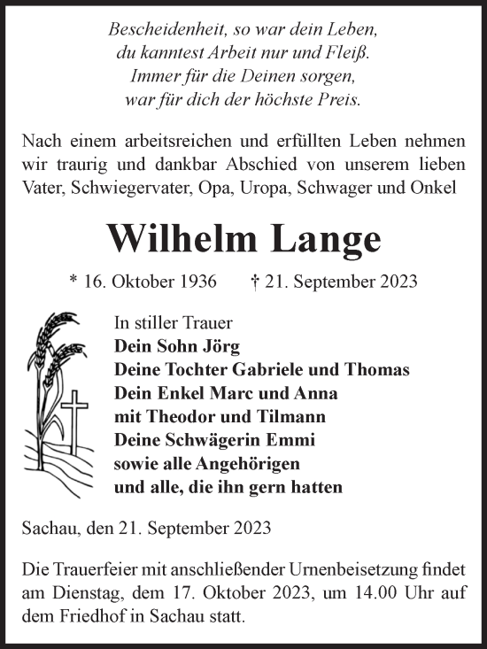 Traueranzeige von Wilhelm Lange von Volksstimme Altmark West
