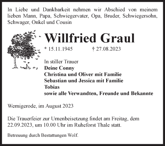 Traueranzeige von Willfried Graul von Volksstimme Wernigerode