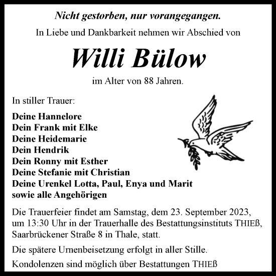 Traueranzeige von Willi Bülow von Trauerkombi Quedlinburg