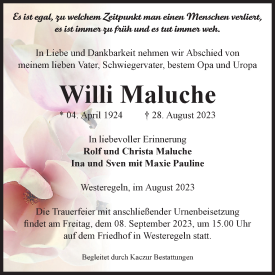 Traueranzeige von Willi Maluche von Volksstimme Staßfurt