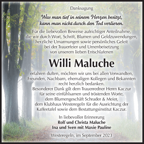 Traueranzeige von Willi Maluche von Volksstimme Staßfurt