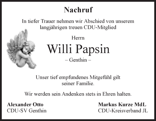 Traueranzeige von Willi Papsin von Volksstimme Burg/Genthin