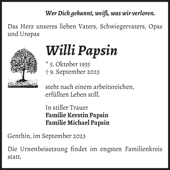 Traueranzeige von Willi Papsin von Volksstimme Burg/Genthin