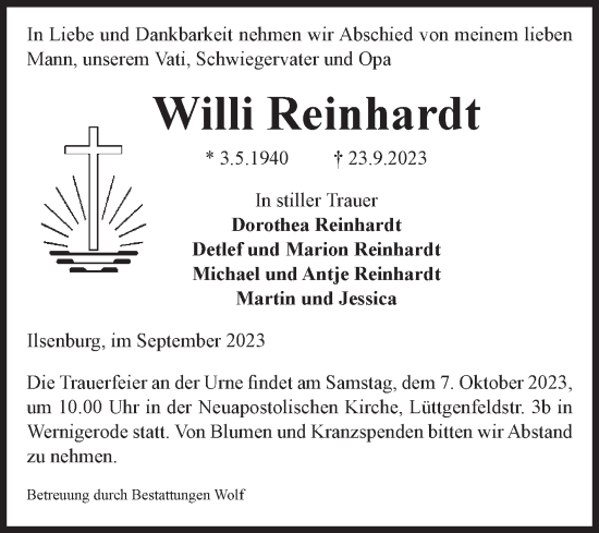 Traueranzeige von Willi Reinhardt von Volksstimme Wernigerode