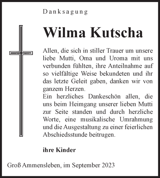 Traueranzeige von Wilma Kutscha von Volksstimme Haldensleben/Wolmirstedt