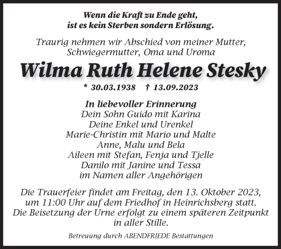 Traueranzeige von Wilma Ruth Helene Stesky von Volksstimme Haldensleben/Wolmirstedt