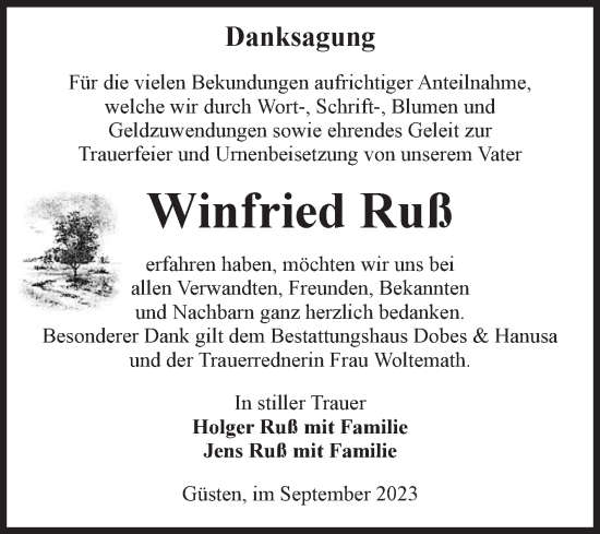 Traueranzeige von Winfried Ruß von Volksstimme Staßfurt
