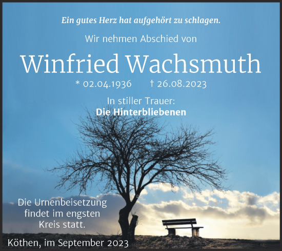 Traueranzeige von Winfried Wachsmuth von Trauerkombi Köthen