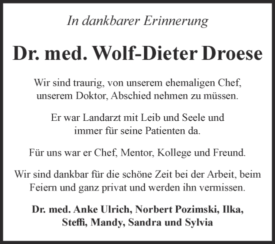 Traueranzeige von Wolf-Dieter Droese von Volksstimme Oschersleben/Wanzleben