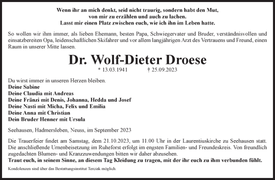 Traueranzeige von Wolf-Dieter Droese von Volksstimme Oschersleben/Wanzleben