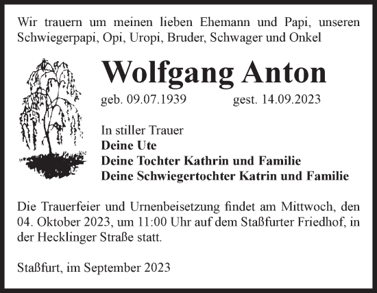 Traueranzeige von Wolfgang Anton von Volksstimme Staßfurt