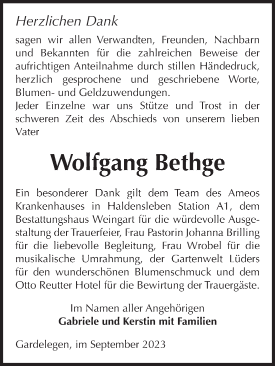Traueranzeige von Wolfgang Bethge von Volksstimme Altmark West