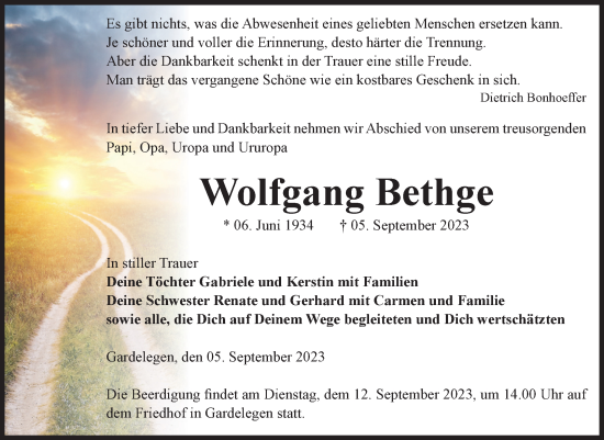 Traueranzeige von Wolfgang Bethge von Volksstimme Altmark West