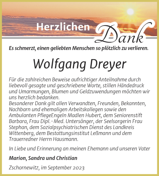 Traueranzeige von Wolfgang Dreyer von Trauerkombi Wittenberg