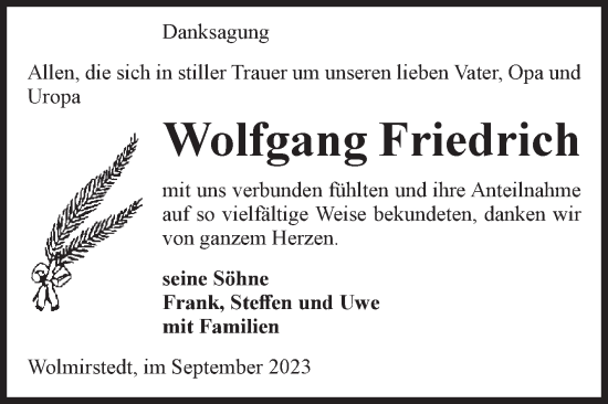 Traueranzeige von Wolfgang Friedrich von Volksstimme Haldensleben/Wolmirstedt