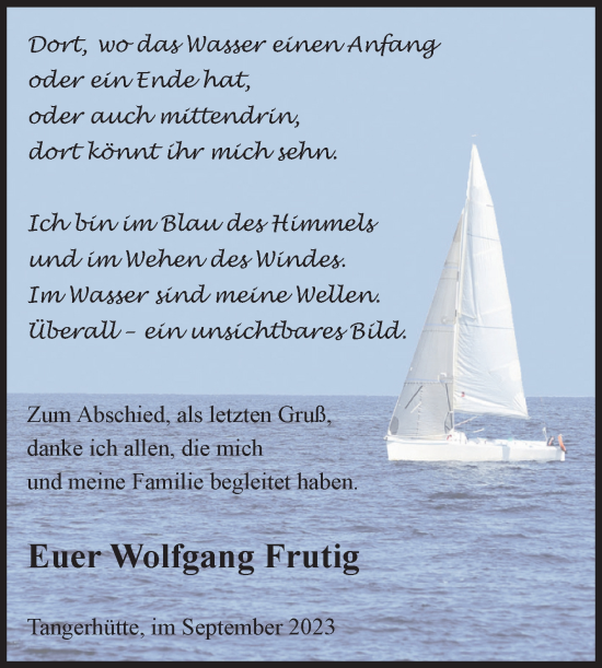 Traueranzeige von Wolfgang Frutig von Volksstimme Altmark Ost